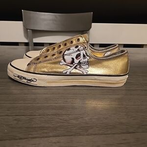 Ed Hardy Gold Sneakers with Skull Design Y2K Vtg Don Ed Hardy Men’s Low Top Fash